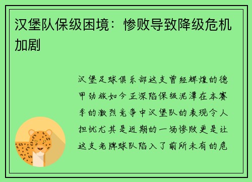 汉堡队保级困境：惨败导致降级危机加剧